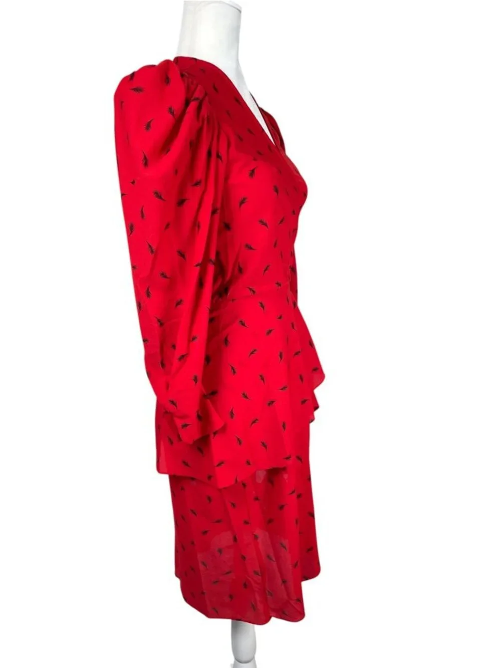 Vintage 80s Red Peplum Midi Dress | Black Leaf Print | Puff Shoulders | S Retro - Picture 3 of 13